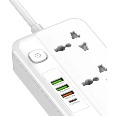 Сетевой фильтр  2м, 5 розеток, 10А/2500Вт, 3xUSB, 1xType-C PD QC, LDNIO [SC5415] белый