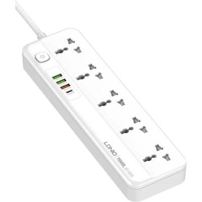 Сетевой фильтр  2м, 5 розеток, 10А/2500Вт, 3xUSB, 1xType-C PD QC, LDNIO [SC5415] белый