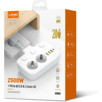 Разветвитель 2 розетки с заземлен., с выкл., 10А/2500Вт, 3xUSB, 1xType-C PD QC, LDNIO [SE2435] белый