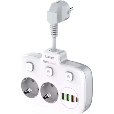 Разветвитель 2 розетки с заземлен., с выкл., 10А/2500Вт, 3xUSB, 1xType-C PD QC, LDNIO [SE2435] белый