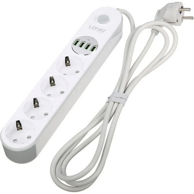 Сетевой фильтр  2м, 4 розетки, 10А/2500Вт, 4xUSB, Lightning protection LDNIO [SE4432] белый/серый