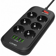 Сетевой фильтр  4м, 6 розеток, 10А/2500Вт, 4xUSB, LDNIO [SE6403] черный/серый