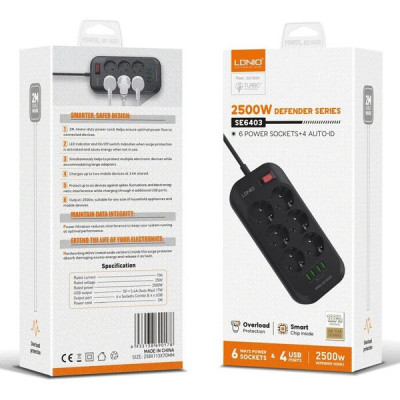 Сетевой фильтр  4м, 6 розеток, 10А/2500Вт, 4xUSB, LDNIO [SE6403] черный/серый