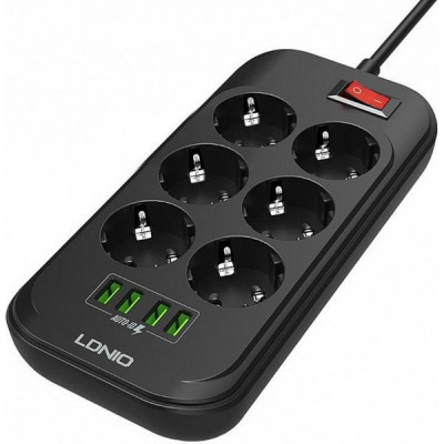 Сетевой фильтр  4м, 6 розеток, 10А/2500Вт, 4xUSB, LDNIO [SE6403] черный/серый