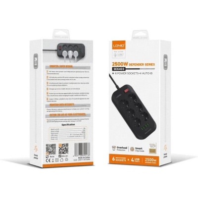Сетевой фильтр  6м, 6 розеток, 10А/2500Вт, 4xUSB, LDNIO [SE6403] черный/серый
