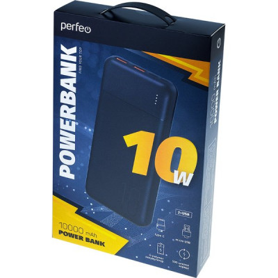 Внешняя батарея Perfeo PF-E2073, 10000mAh + In Micro usb+Type-C /Out USB 1 А, 2.1A /Black