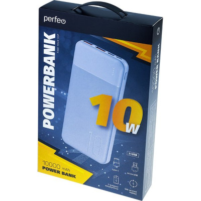 Внешняя батарея Perfeo PF-E2088, 10000mAh + In Micro usb+Type-C /Out USB 1 А, 2.1A /White
