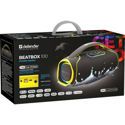 Колонка DEFENDER BEATBOX 100, 100W, портативная, BT/FM/USB/TF/IPX5/TWS [65113]