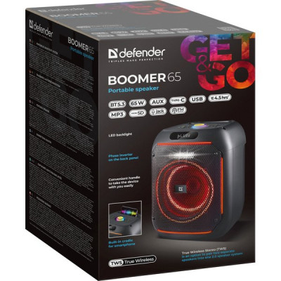 Колонка DEFENDER BOOMER 65, 65W, портативная, BT/FM/USB/TF/AUX/TWS/RC [65265]