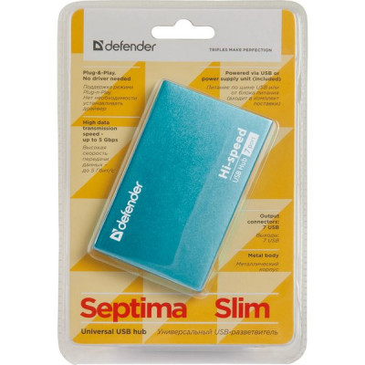 Концентратор USB 2.0, 7 портов, блок питания, Defender Septima Slim [83505]