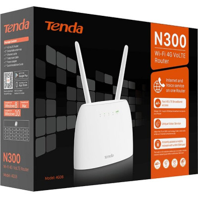 Маршрутизатор Tenda 4G06 N300, LTE/3G/4G, SIM-слот, 2 внеш. 4G/3G антенны + 2 Wi-Fi встроен. антенны