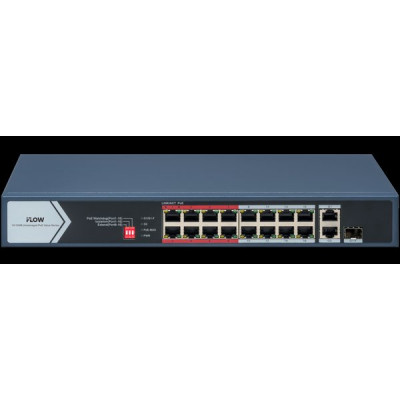 Коммутатор PoE 16PoE[100Mbps] + 2Uplink[1Gbps] + 1SFP[1Gbps] iFLOW;130Вт;AC 220В [F-SW-EU418POE-V/L]