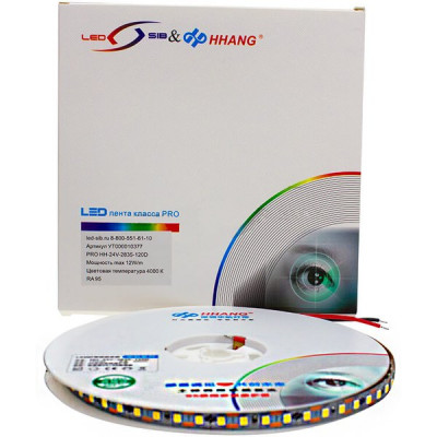 Лента LED 24В IP33 SMD2835 120/м, б/хол, 12Вт/м, 6000K, Ra95, 10м/ц.1м, HHANG PRO [HH-24V-2835-120D]