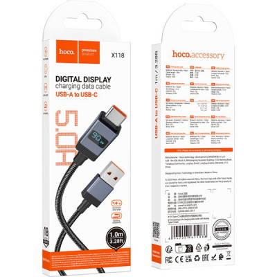Кабель USB - Type-C, 1.0м, 5А, Hoco X118, с дисплеем, черный