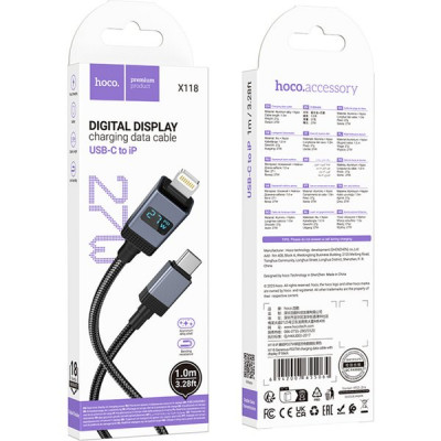 Кабель Type-C - Lightning, 1.0м, 2.4А, 27Вт, Hoco X118, с дисплеем, черный
