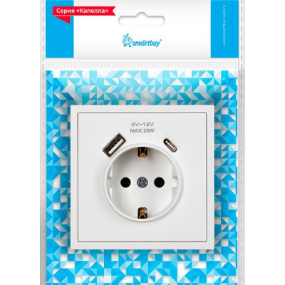Розетка с/у 2P+E 16A, IP20, USB+Type-C, Smartbuy Капелла [SBE-09w-16-S1-USB] белый soft touch