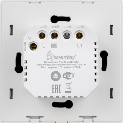 Умный сенсорный выключатель 2-кл 10A, Wi-Fi, Яндекс Алиса, Smartbuy [SBE-wifi1w-10-SW2-0] белый