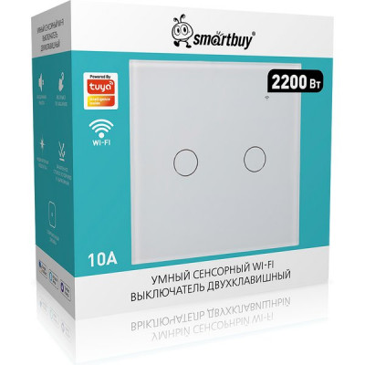 Умный сенсорный выключатель 2-кл 10A, Wi-Fi, Яндекс Алиса, Smartbuy [SBE-wifi1w-10-SW2-0] белый