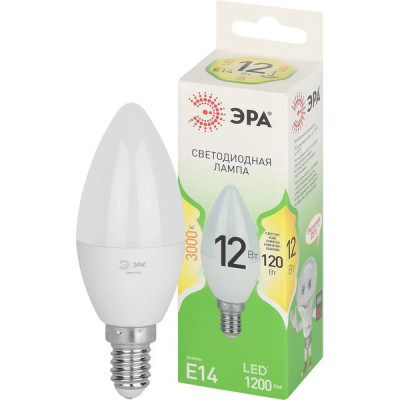 Лампа LED E14/B35 свеча, 12W, 3000K, 1200Лм, ЭРА GL [LED B35-12W-830-E14 GL]