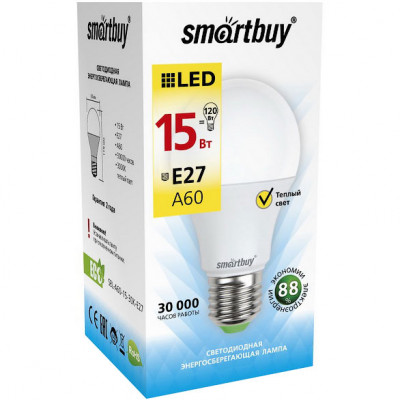 Лампа LED E27/A60 груша, 15W, 3000K, 1200Лм, Smartbuy [SBL-A60-15-30K-E27]