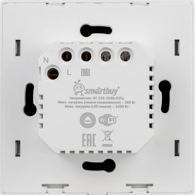 Умный сенсорный выключатель 1-кл 10A, Wi-Fi, Яндекс Алиса, Smartbuy [SBE-wifi1w-10-SW1-0] белый