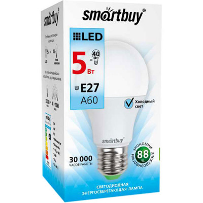 Лампа LED E27/A60 груша,  5W, 4000K, 550Лм, Smartbuy [SBL-A60-05-40K-E27-A]