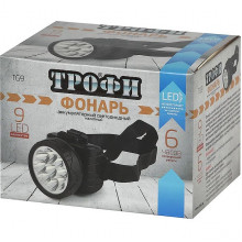 Фонарь налобный 9LED, аккум. 4V/0.9Ah, ЗУ 220В, Трофи [TG9]