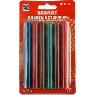 Стержни клеевые D=11мм*100мм, 12шт, 6 цветов, REXANT [09-1230]