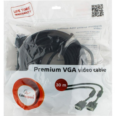 Кабель VGA 15M/15M 30,0м Premium тройной экран, феррит.кольца, черный Cablexpert [CC-PPVGA-30M-B]