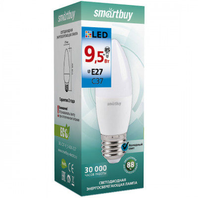 Лампа LED E27/C37 свеча,  9.5W, 6000K, 760Лм, Smartbuy [SBL-C37-9_5-60K-E27]