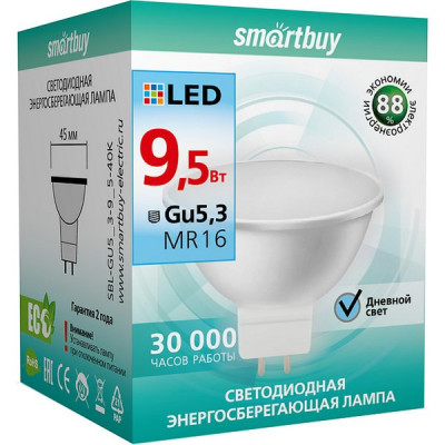 Лампа LED GU5.3/MR16 софит,  9.5W, 4000K, 760Лм, Smartbuy [SBL-GU5_3-9_5-40K]