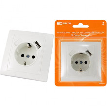 Розетка с/у 2P+E 16A, со шторками, 250В + USB порт 2.1А 5В TDM Таймыр [SQ1814-0040] белая