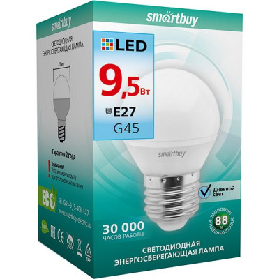 Лампа LED E27/G45 шар,  9.5W, 4000K, 760Лм, Smartbuy [SBL-G45-9_5-40K-E27]