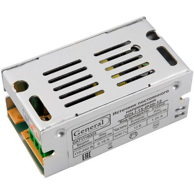 Блок питания 12V  15W, IP20, металл сетка стандарт, GENERAL [GDLI-15-IP20-12]