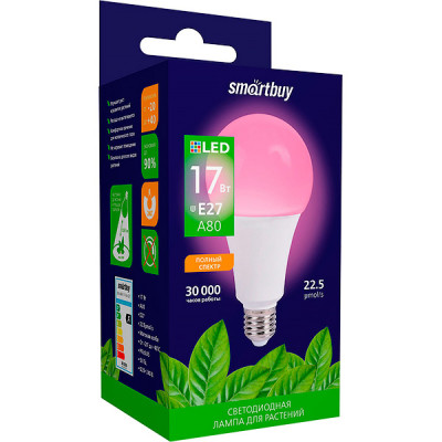 Лампа LED ФИТО Smartbuy E27/A80 груша, 17W, 22.5 мкмоль/с, полный спектр [SBL-A80-17-fito-E27]