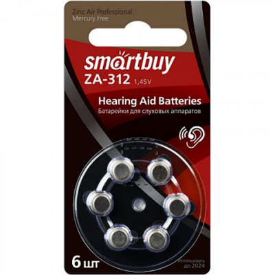 Батарейка SmartBuy ZA312, 1.45В [BL6/60/3000] [SBZA-A312-6B] для слуховых аппаратов