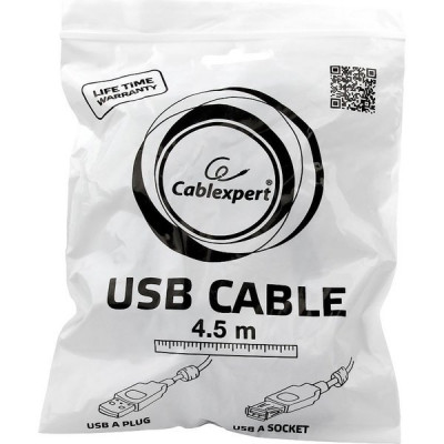Кабель USB2.0 AM - AF удлинитель, 4.5м, экран, ферр. фильтры, Cablexpert [CCF2-USB2-AMAF-15] черный