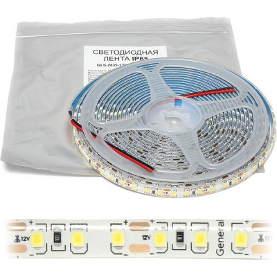 Лента LED 12В IP65 SMD2835 120/м, б/ней, 9.6Вт/м, 4500K, 5м/ц.1м [GLS-2835-120-9,6-12-IP65-4]