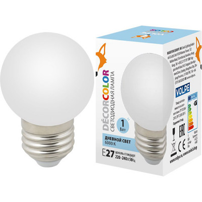 Лампа LED декоративная VOLPE, E27/G45 шар, 1W, матовая 6000K [LED-G45-1W/6000K/E27/FR/С]