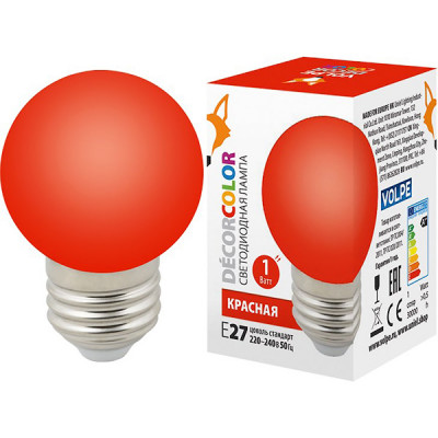 Лампа LED декоративная VOLPE, E27/G45 шар, 1W, красная [LED-G45-1W/RED/E27/FR/С]