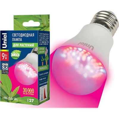 Лампа LED ФИТО Uniel E27/A60 груша,  9W, 9 мкмоль/с, RB спектр [LED-A60-9W/SP/E27/CL ALM01WH]