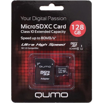 Карта памяти Micro SDXC 128Gb QUMO Class 10 с адаптером UHS-I, 3.0 [QM128GMICSDXC10U1]