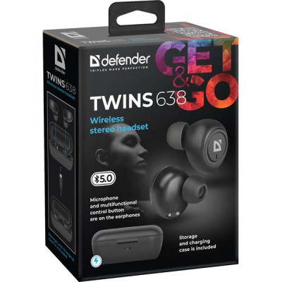 Гарнитура Defender Twins 638, черный, беспроводная TWS [63638]