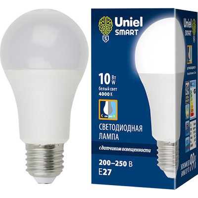 Лампа LED с датч. освещ. E27/A60 груша, 10W, 4000K, 900Лм, Uniel [LED-A60-10W/4000K/E27/PS PLS10WH]