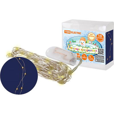 Гирлянда Роса 10м, 100LED, прозр., 2хCR2032, ТЕПЛЫЙ БЕЛЫЙ, TDM [SQ0361-0056]