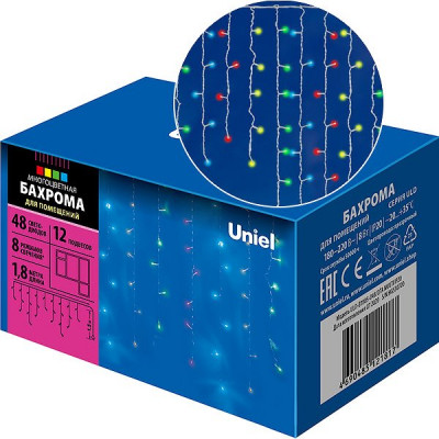 Гирлянда Бахрома 1.8*0.5м, прозр., LED48-220V, 8реж., МУЛЬТИ, Uniel [ULD-B1805-048/DTA MULTI IP20]