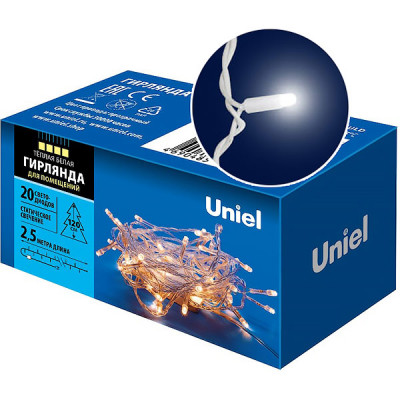 Гирлянда Нить  2.5м прозр., 20LED, фикс., ТЕП/БЕЛЫЙ, Uniel [ULD-S0250-020/STA WARM WHITE IP20]
