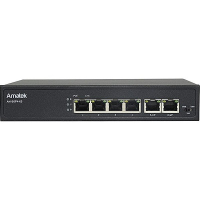 Коммутатор PoE  4PoE[100Mbps] + 2Uplink[100Mbps] Amatek; 65Вт; AC 220В; IP44 [AN-S6P]