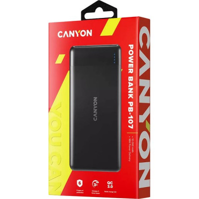 Внешняя батарея CANYON CNE-CPB1007B, батарея 10000 мАч, PD/QC3.0 18W, черная, 2xUSB