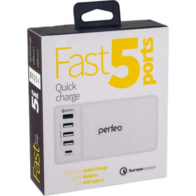 Зарядное устройство Perfeo FAST 5, 4xUSB QC3.0, Type-C [PF_A4454] белый